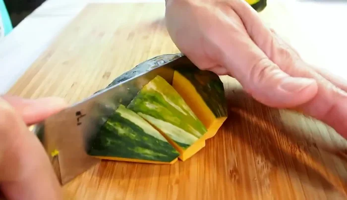 Cut the pumpkin into 2-inch blocks. This is the hardest part as raw pumpkin is tough.