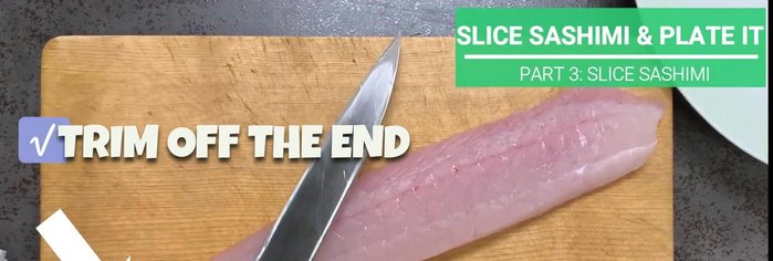 Slice the flounder saku (block) diagonally into 1cm thick sashimi, fold in half, and place radially on a large plate.