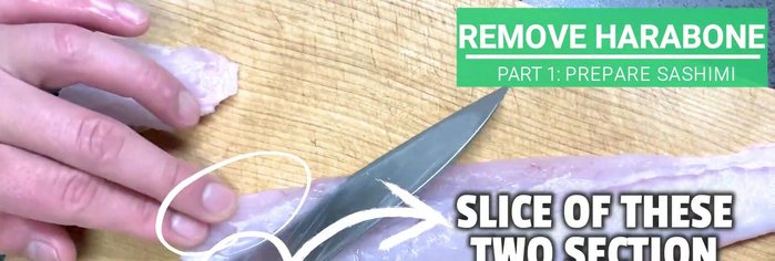 Slice off the harabonet (belly bone) diagonally, then slice off two sections about 1cm thick. Remove the giabonet (throat bone) by inserting your knife 5mm from the edge and pushing it forward.