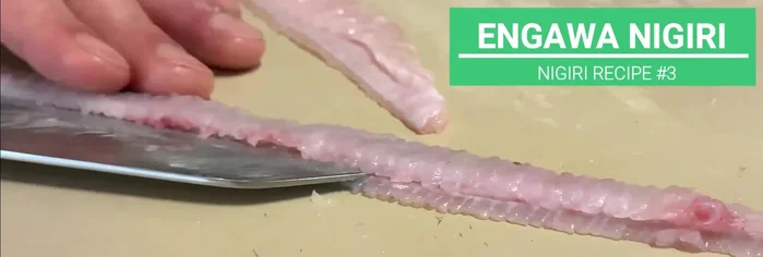 For engawa nigiri, divide engawa into three, stack two slices, and make nigiri. Lay slices half overlapping. Paint with soy sauce and add grated daikon radish.