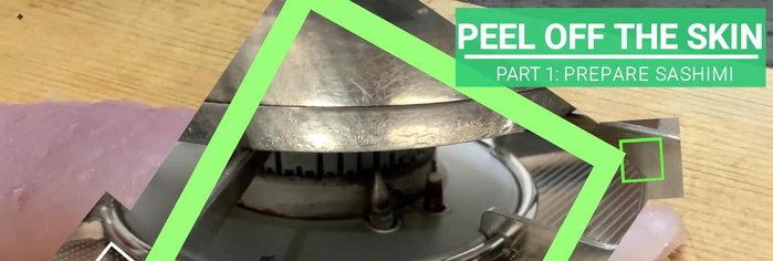 Peel off the skin from the tail side, keeping the blade flat to the chopping board and pulling the skin with your hand. Boil the skin for about 30 seconds and then immediately plunge into an ice bath.