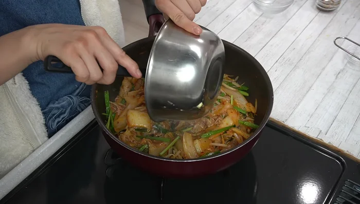 Add the cooked eggs, gently mix.