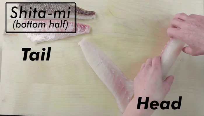 Continue slicing until you reach the end of the 'shitami'. This strategic placement ensures maximal use of the fillet and minimizes waste.