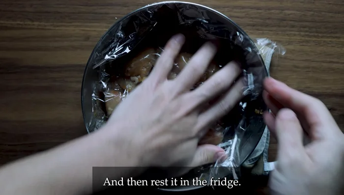 Marinate chicken: Cover the chicken with plastic wrap, pressing it against the surface. Refrigerate for about 30 minutes.