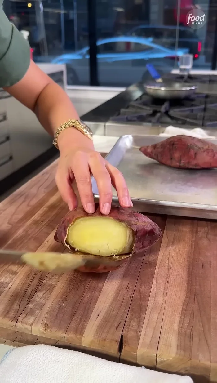 Prepare the sweet potatoes: Peel and prepare Japanese sweet potatoes (purple exterior, white interior).