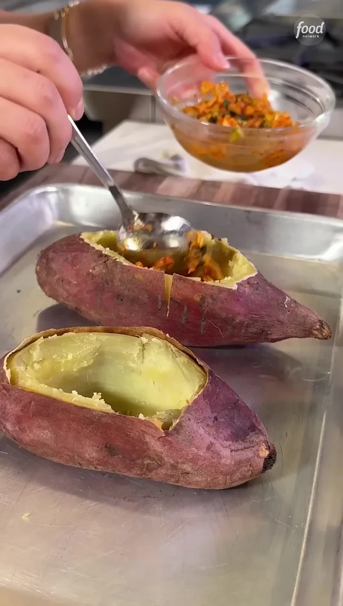 Assemble: Add some caramelized kimchi into the prepared sweet potatoes.
