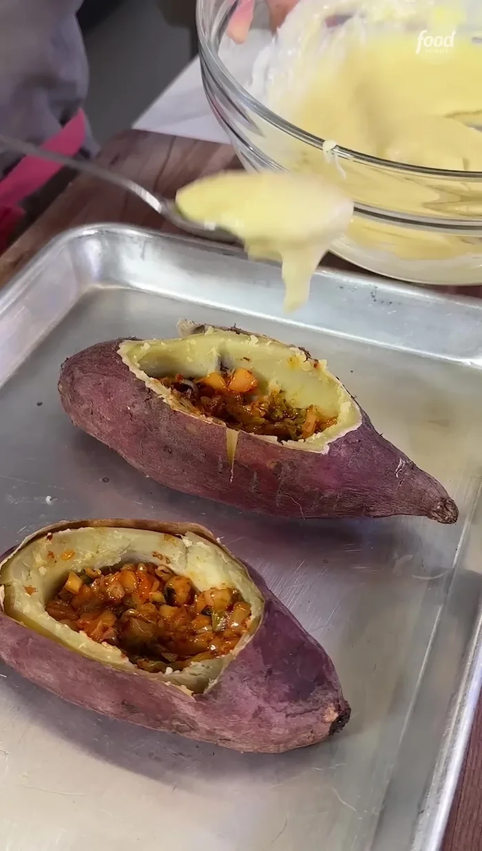 Pour the custard into the sweet potato mixture.
