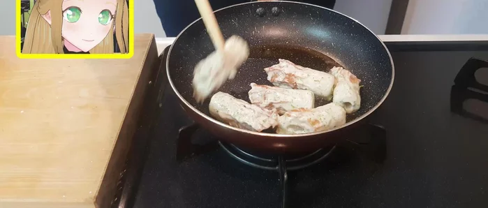 Fry the chikuwa in batches, ensuring not to overcrowd the pan. Roll them over to achieve even browning. This should take around 2 minutes.