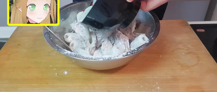 Add the coated chikuwa to the batter and mix gently to coat everything evenly.