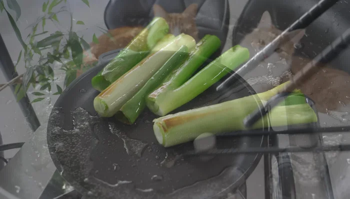 Melt beef fat in the sukiyaki pot and cook green onions to add flavor to the sauce.