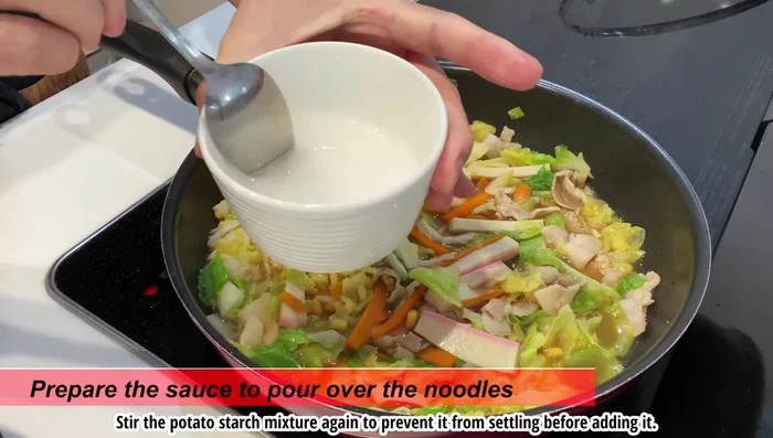 Stir in the potato starch mixture to thicken the sauce. Adjust seasoning as needed.