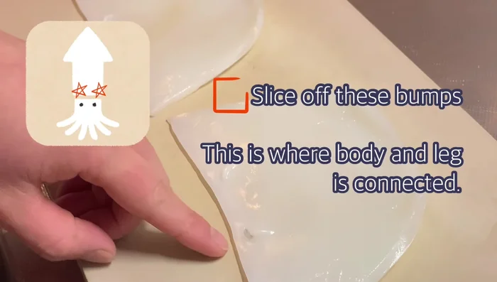 Slice off the tough sponge-like part at the end of the squid.