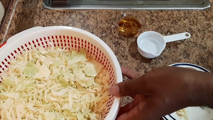 Chop cabbage, shred it, or cut it to your liking. Wash and drain thoroughly.