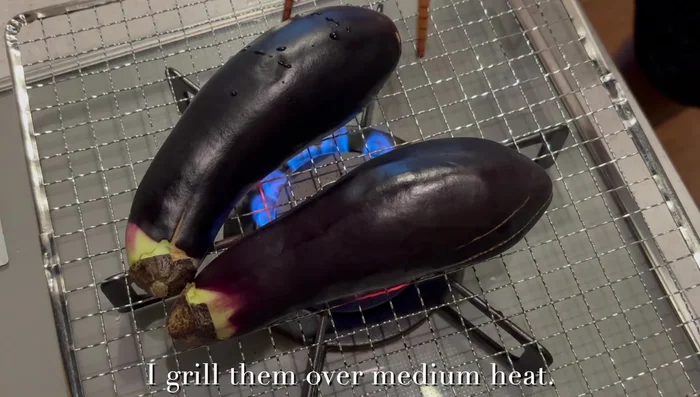 Cool grilled eggplant in cold water, peel skin, and cut into bite-sized pieces. Soak in Dashi for at least 3 hours (479.56).