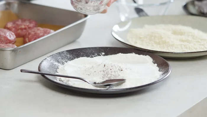 Coat the chilled patties in flour, then egg, then bread crumbs, pressing firmly to adhere.