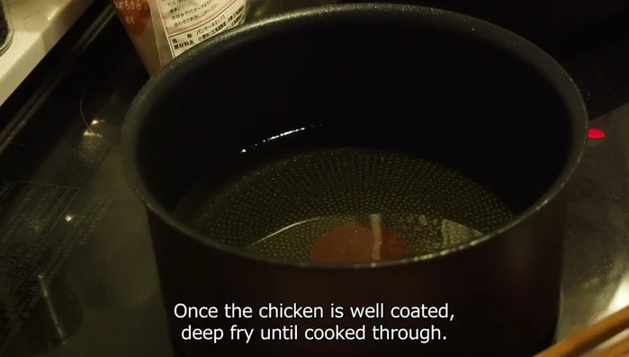 Deep fry chicken until cooked through.