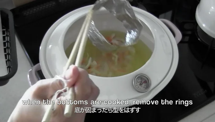 When the bottoms are cooked, remove the rings and flip the kakiage to cook the other side until golden brown and crispy.