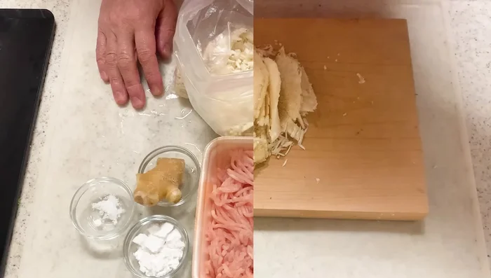 Place enoki mushrooms in a plastic bag. Add salt and rub the mushrooms to soften them.