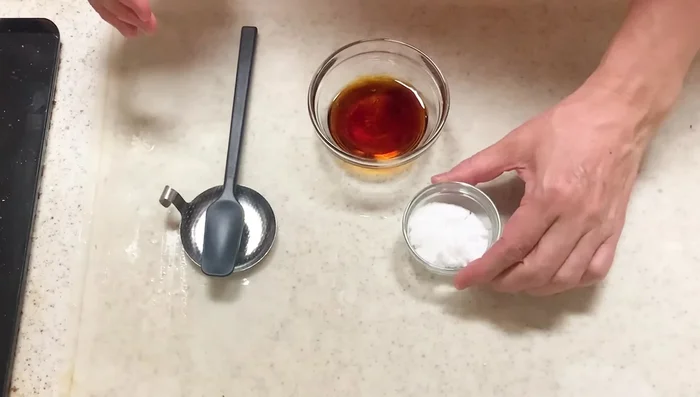 Prepare the teriyaki sauce by mixing soy sauce, mirin, sugar, in a bowl.