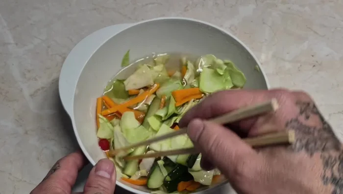 Add the salted vegetables (no need to wash off the salt).