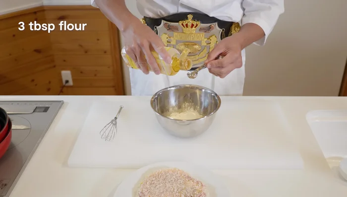(Optional) Make batter by combining 1 egg, 3 tbsp flour, 2 tsp water, and 1 tsp cooking oil. Dip pork in batter then breadcrumbs.