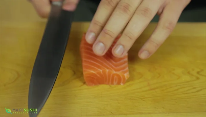 Cut the salmon into 25g logs lengthwise.