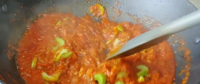 Add celery and cook for a few minutes. Then add bell peppers and cook for another 2-3 minutes.