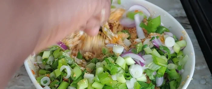 Garnish with sliced red onions, scallions, and cilantro.