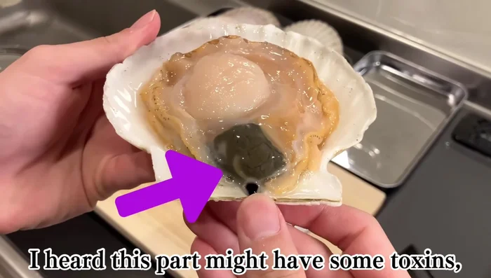 Discard the inedible part of the scallop (potentially containing toxins). The rest of the bits around it are edible.