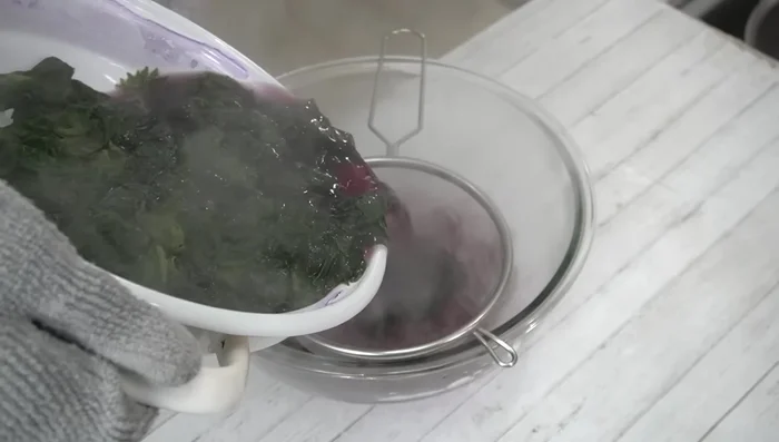 Strain the mixture through a sieve, squeezing out as much liquid as possible. Reserve the shiso leaves for other uses. (321.68)