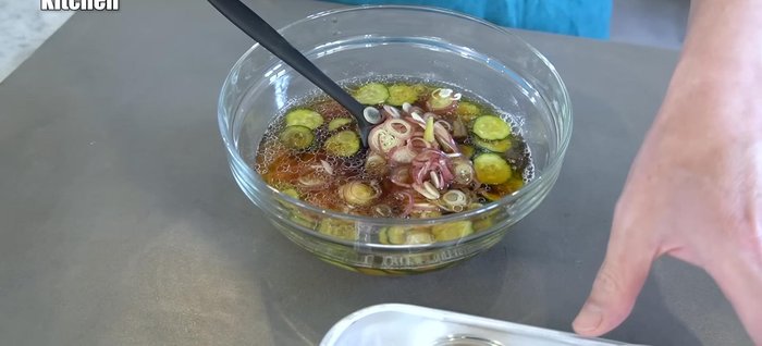Add the mint and Myoga to the bowl with the cucumber and mentsuyu.