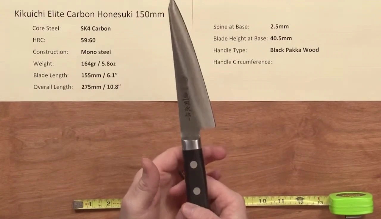 The presenter demonstrates the knife's balance point.